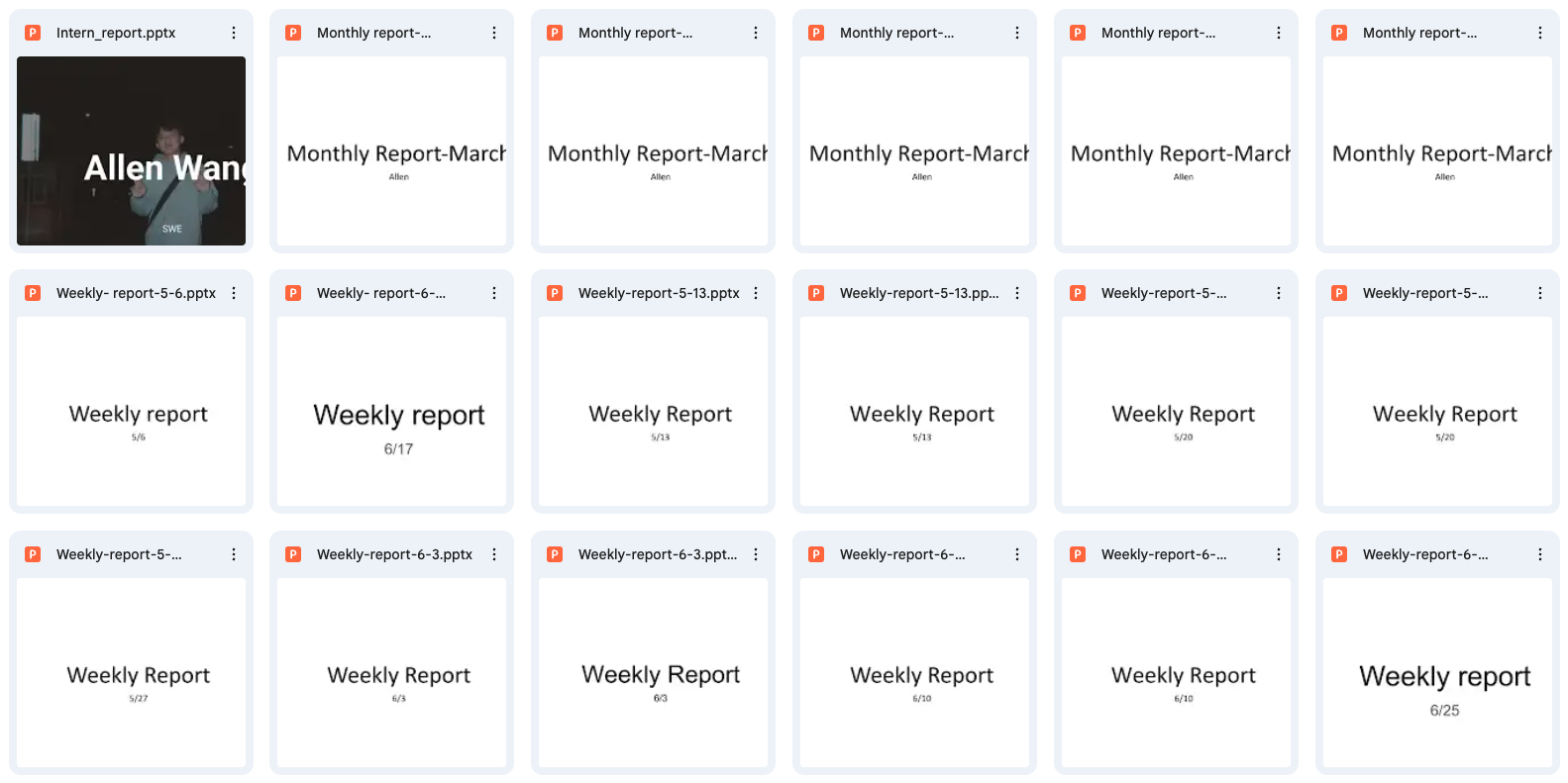 Accumulated weekly reports, monthly reports, and the final intern presentation
