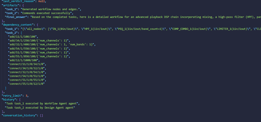 Serialized agent context showing artifacts, dependency content, and the generated add/connect command list