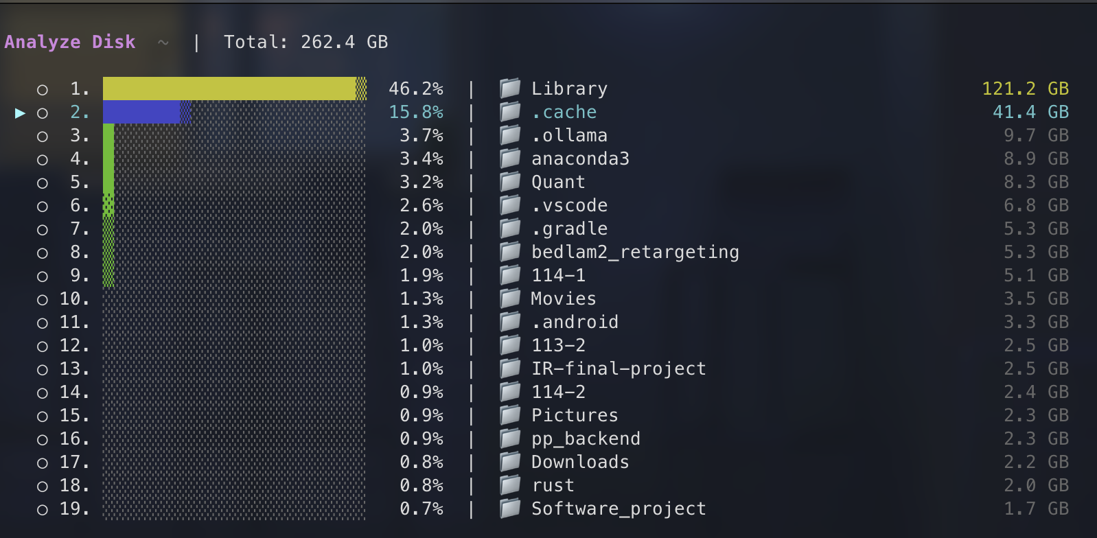 Drilling into the home folder, where .cache occupies 41.4 GB of the 262.4 GB total