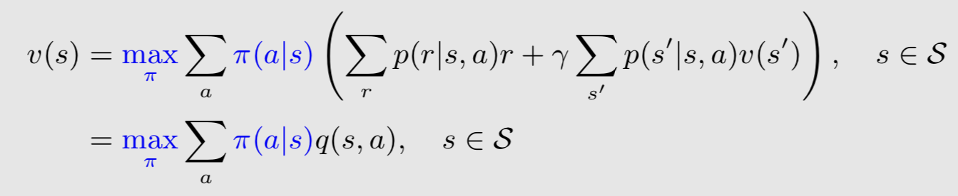 Bellman optimality equation：v(s) 等於對 policy 取 max 的加權 action value，也就是 max over pi of sum over a of pi(a|s) q(s,a)