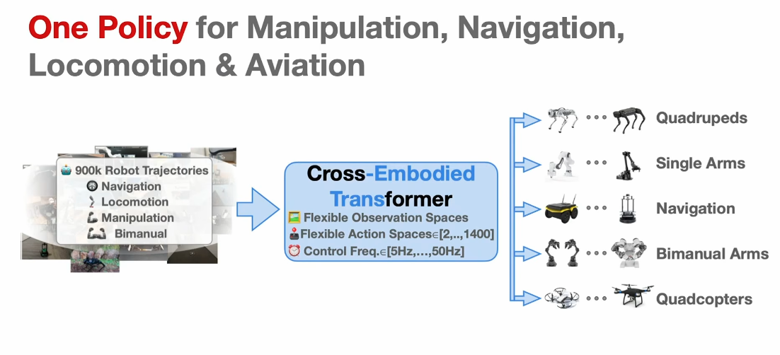 One policy for manipulation, navigation, locomotion and aviation: 900k trajectories into a Cross-Embodied Transformer